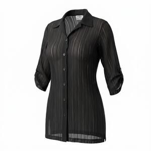 Cover Me Black Sheer Tunic Blouse M Long Button Front Roll Tab Beach Cover Up